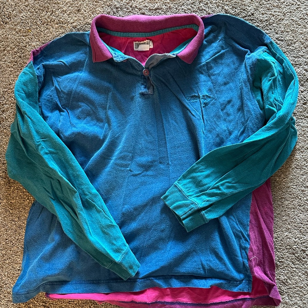 UNIONBAY Men’s Teal and Pink Long Sleeve Polo